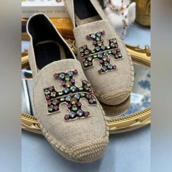 🆕 TORY BURCH 🧿 NWOB Ines Linen & Leather Bejewelled Espadrilles - Sz 8 M - Picture 7 of 11